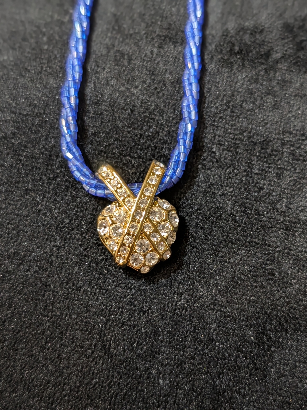 Blue Beaded Necklace with Gold Tone Crystal Heart Pendant